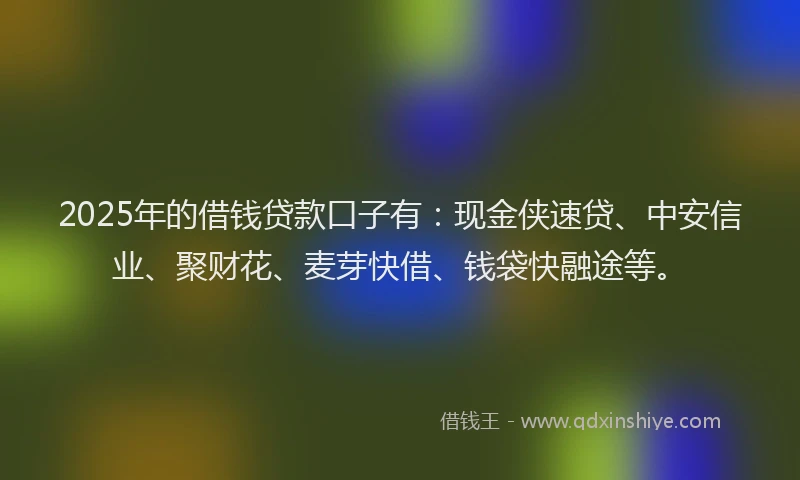 2025年的借钱贷款口子有：现金侠速贷、中安信业、聚财花、麦芽快借、钱袋快融途等。
