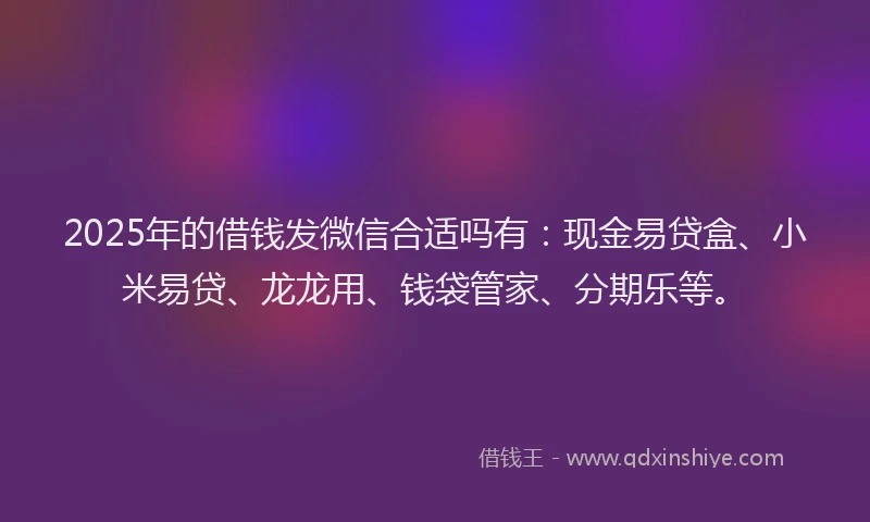 2025年的借钱发微信合适吗有：现金易贷盒、小米易贷、龙龙用、钱袋管家、分期乐等。