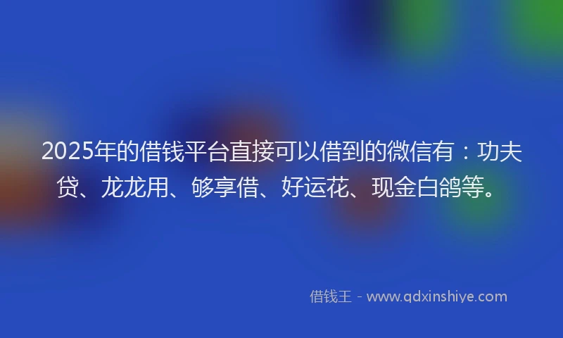 2025年的借钱平台直接可以借到的微信有：功夫贷、龙龙用、够享借、好运花、现金白鸽等。