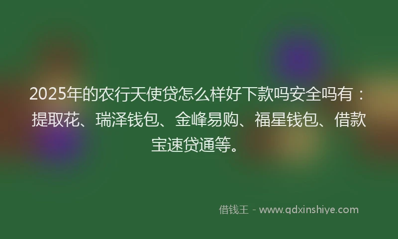 2025年的农行天使贷怎么样好下款吗安全吗有：提取花、瑞泽钱包、金峰易购、福星钱包、借款宝速贷通等。