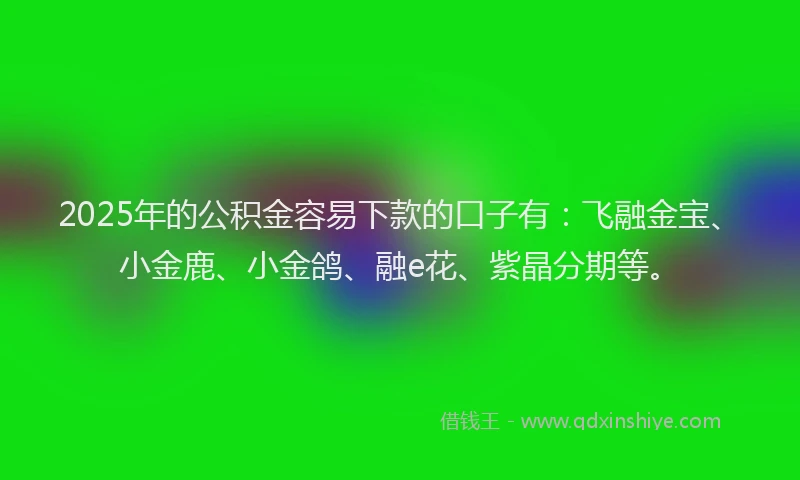 2025年的公积金容易下款的口子有：飞融金宝、小金鹿、小金鸽、融e花、紫晶分期等。