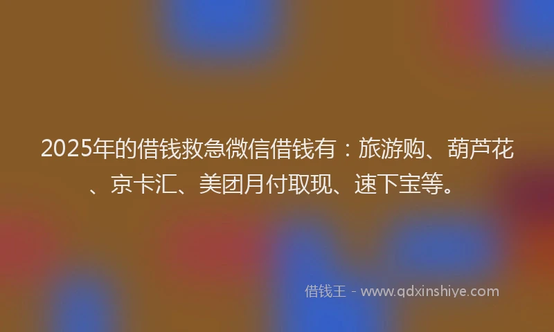 2025年的借钱救急微信借钱有：旅游购、葫芦花、京卡汇、美团月付取现、速下宝等。