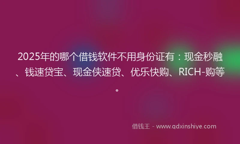 2025年的哪个借钱软件不用身份证有：现金秒融、钱速贷宝、现金侠速贷、优乐快购、RICH-购等。