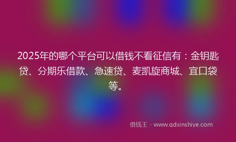 2025年的哪个平台可以借钱不看征信有：金钥匙贷、分期乐借款、急速贷、麦凯旋商城、宜口袋等。