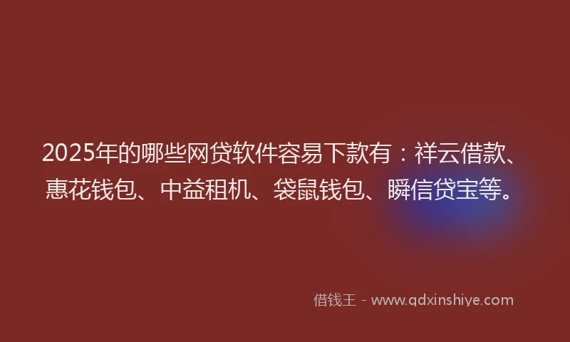 2025年的哪些网贷软件容易下款有：祥云借款、惠花钱包、中益租机、袋鼠钱包、瞬信贷宝等。