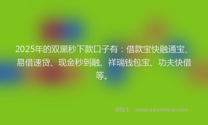 2025年的双黑秒下款口子有：借款宝快融通宝、易借速贷、现金秒到融、祥瑞钱包宝、功夫快借等。