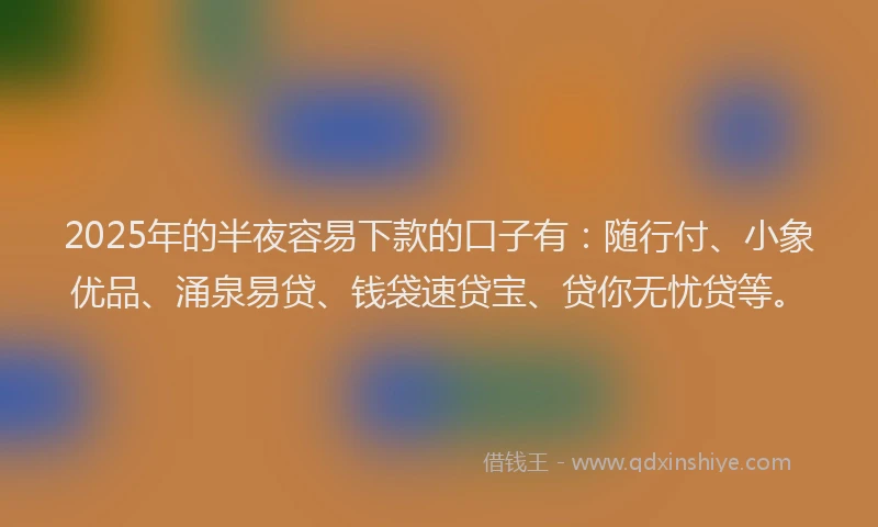 2025年的半夜容易下款的口子有：随行付、小象优品、涌泉易贷、钱袋速贷宝、贷你无忧贷等。