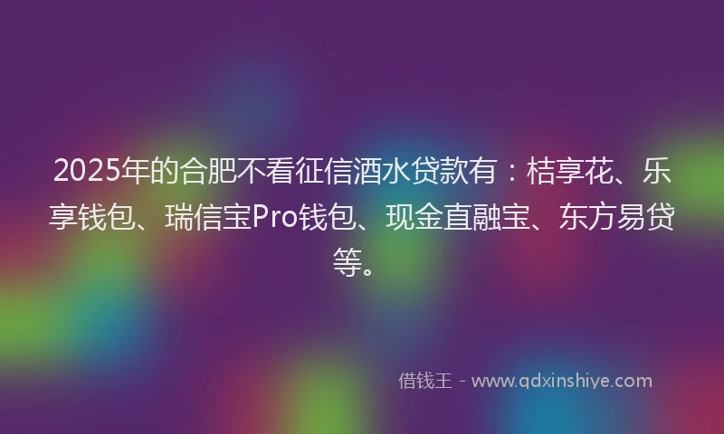 2025年的合肥不看征信酒水贷款有：桔享花、乐享钱包、瑞信宝Pro钱包、现金直融宝、东方易贷等。