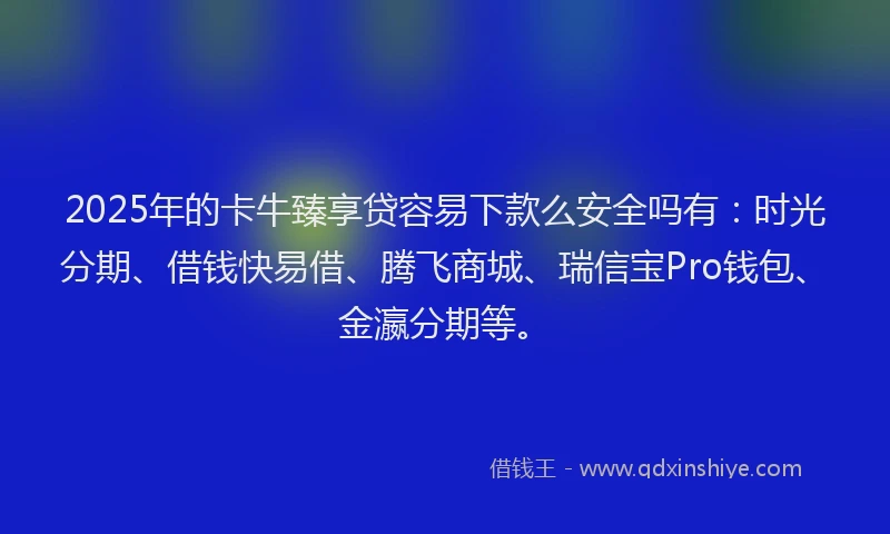 2025年的卡牛臻享贷容易下款么安全吗有：时光分期、借钱快易借、腾飞商城、瑞信宝Pro钱包、金瀛分期等。