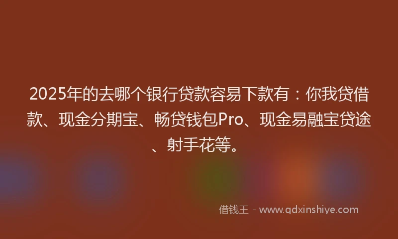 2025年的去哪个银行贷款容易下款有：你我贷借款、现金分期宝、畅贷钱包Pro、现金易融宝贷途、射手花等。