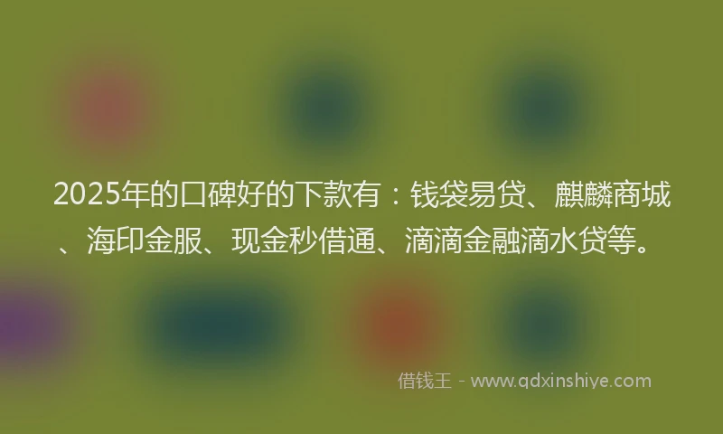 2025年的口碑好的下款有：钱袋易贷、麒麟商城、海印金服、现金秒借通、滴滴金融滴水贷等。