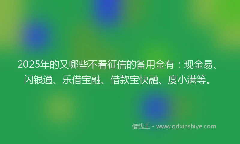 2025年的又哪些不看征信的备用金有：现金易、闪银通、乐借宝融、借款宝快融、度小满等。