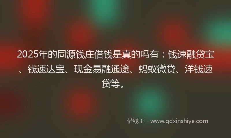2025年的同源钱庄借钱是真的吗有：钱速融贷宝、钱速达宝、现金易融通途、蚂蚁微贷、洋钱速贷等。