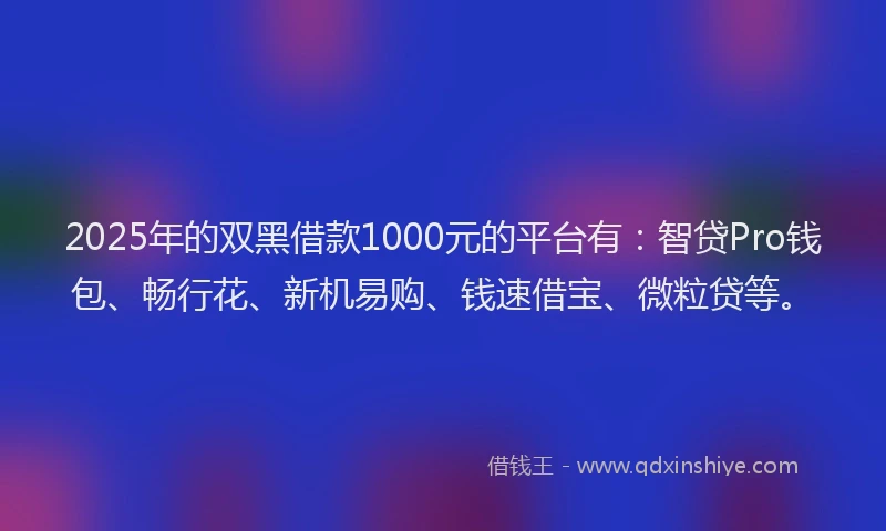 2025年的双黑借款1000元的平台有：智贷Pro钱包、畅行花、新机易购、钱速借宝、微粒贷等。