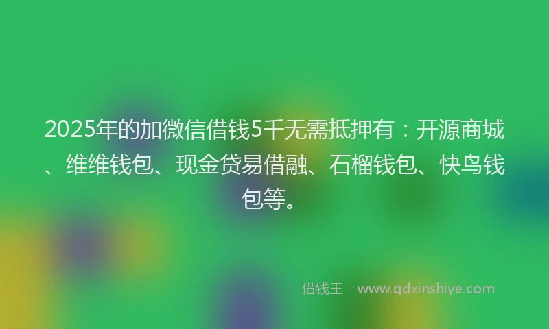 2025年的加微信借钱5千无需抵押有：开源商城、维维钱包、现金贷易借融、石榴钱包、快鸟钱包等。