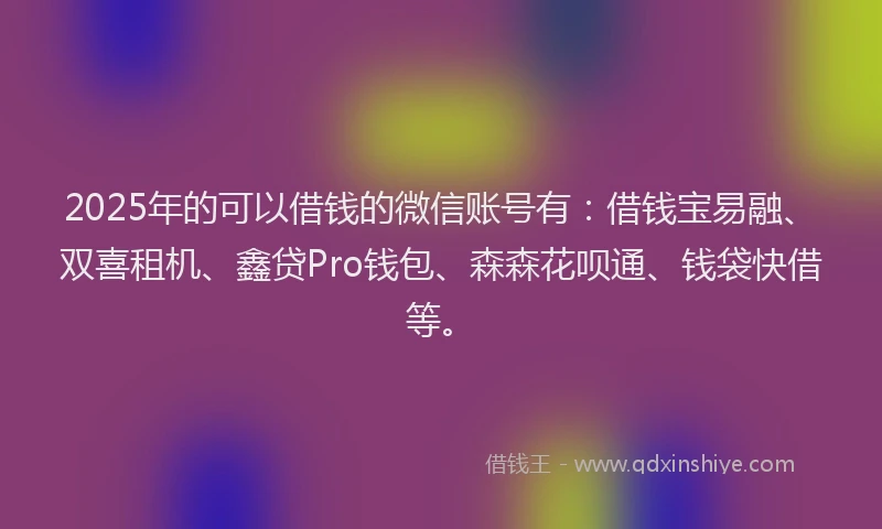 2025年的可以借钱的微信账号有：借钱宝易融、双喜租机、鑫贷Pro钱包、森森花呗通、钱袋快借等。