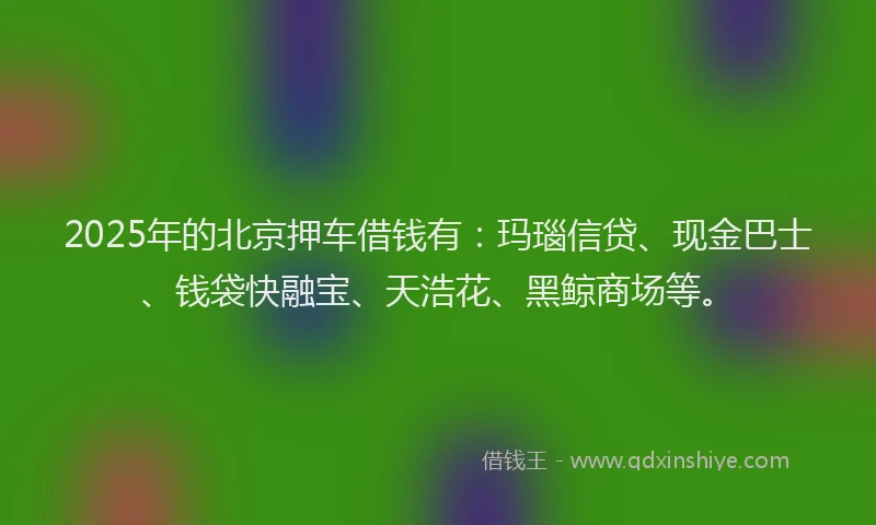 2025年的北京押车借钱有：玛瑙信贷、现金巴士、钱袋快融宝、天浩花、黑鲸商场等。