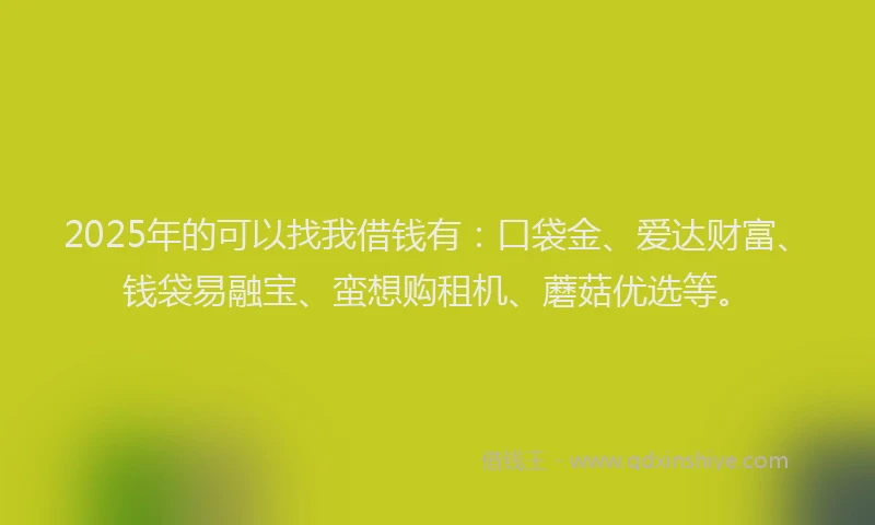 2025年的可以找我借钱有：口袋金、爱达财富、钱袋易融宝、蛮想购租机、蘑菇优选等。