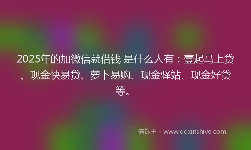 2025年的加微信就借钱 是什么人有：壹起马上贷、现金快易贷、萝卜易购、现金驿站、现金好贷等。