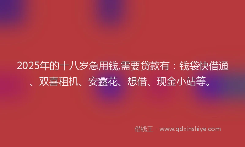2025年的十八岁急用钱,需要贷款有：钱袋快借通、双喜租机、安鑫花、想借、现金小站等。