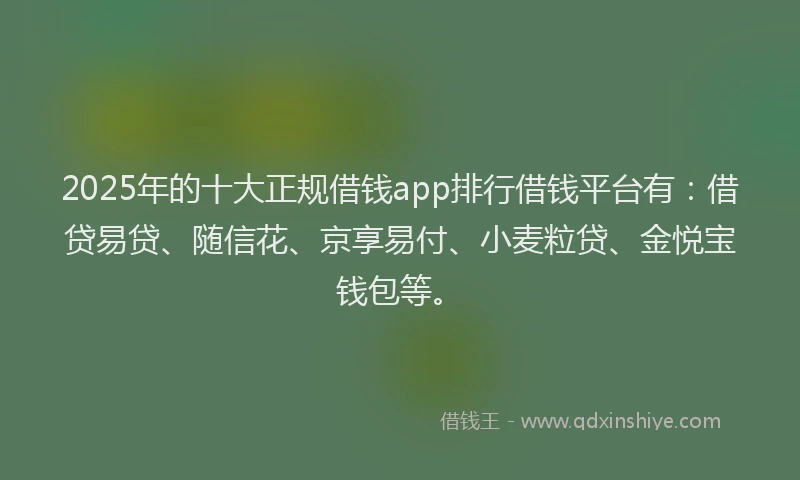 2025年的十大正规借钱app排行借钱平台有：借贷易贷、随信花、京享易付、小麦粒贷、金悦宝钱包等。