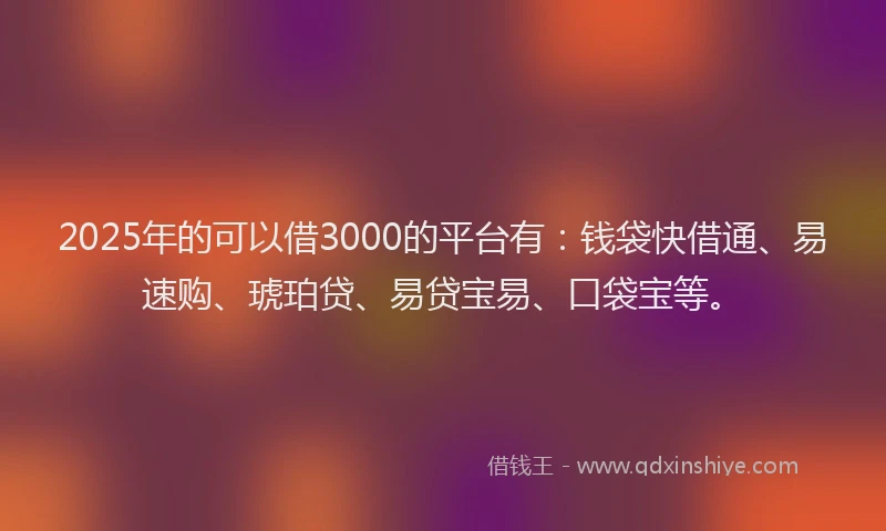 2025年的可以借3000的平台有：钱袋快借通、易速购、琥珀贷、易贷宝易、口袋宝等。