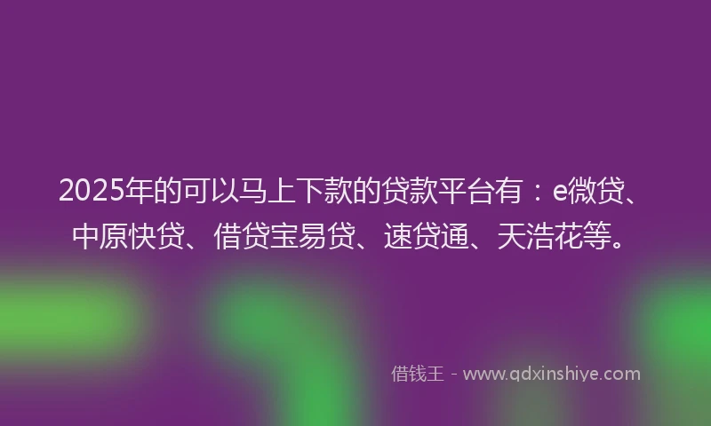 2025年的可以马上下款的贷款平台有：e微贷、中原快贷、借贷宝易贷、速贷通、天浩花等。