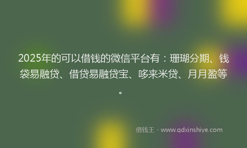 2025年的可以借钱的微信平台有：珊瑚分期、钱袋易融贷、借贷易融贷宝、哆来米贷、月月盈等。