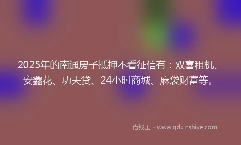 2025年的南通房子抵押不看征信有：双喜租机、安鑫花、功夫贷、24小时商城、麻袋财富等。