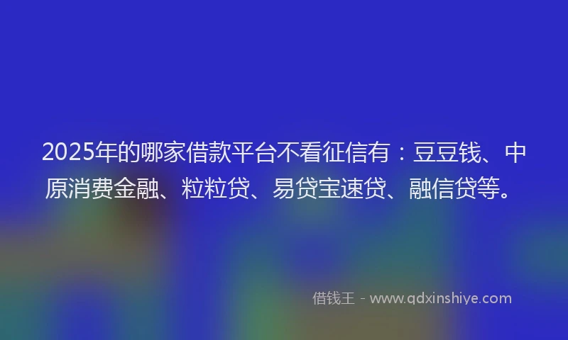 2025年的哪家借款平台不看征信有：豆豆钱、中原消费金融、粒粒贷、易贷宝速贷、融信贷等。