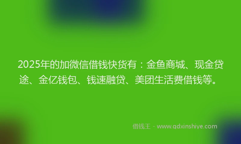 2025年的加微信借钱快货有：金鱼商城、现金贷途、金亿钱包、钱速融贷、美团生活费借钱等。