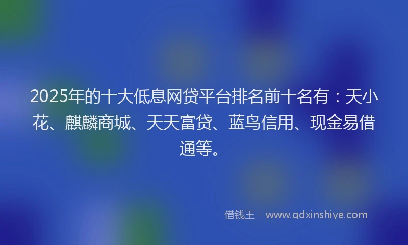 2025年的十大低息网贷平台排名前十名有：天小花、麒麟商城、天天富贷、蓝鸟信用、现金易借通等。