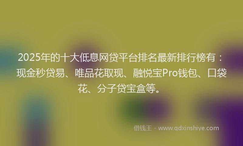 2025年的十大低息网贷平台排名最新排行榜有：现金秒贷易、唯品花取现、融悦宝Pro钱包、口袋花、分子贷宝盒等。