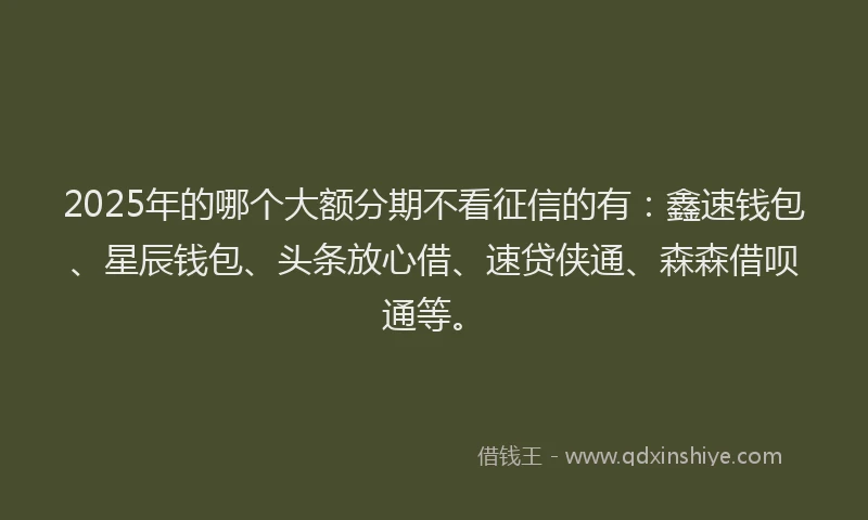 2025年的哪个大额分期不看征信的有：鑫速钱包、星辰钱包、头条放心借、速贷侠通、森森借呗通等。