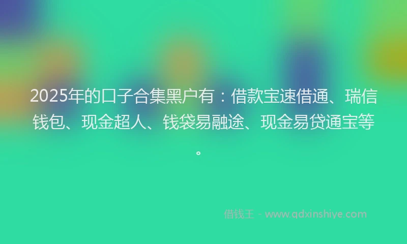 2025年的口子合集黑户有：借款宝速借通、瑞信钱包、现金超人、钱袋易融途、现金易贷通宝等。