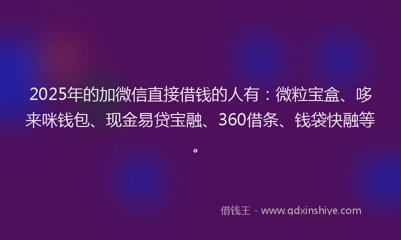 2025年的加微信直接借钱的人有：微粒宝盒、哆来咪钱包、现金易贷宝融、360借条、钱袋快融等。