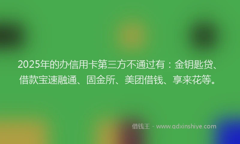 2025年的办信用卡第三方不通过有：金钥匙贷、借款宝速融通、固金所、美团借钱、享来花等。