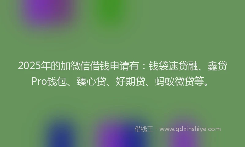 2025年的加微信借钱申请有：钱袋速贷融、鑫贷Pro钱包、臻心贷、好期贷、蚂蚁微贷等。
