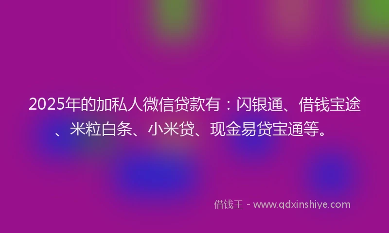 2025年的加私人微信贷款有：闪银通、借钱宝途、米粒白条、小米贷、现金易贷宝通等。
