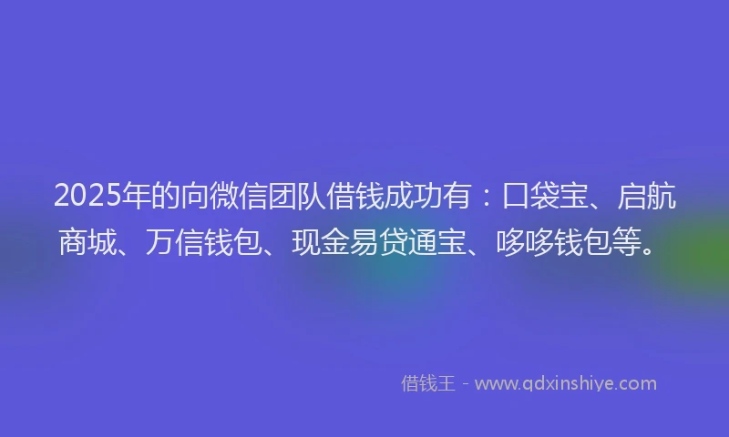 2025年的向微信团队借钱成功有：口袋宝、启航商城、万信钱包、现金易贷通宝、哆哆钱包等。