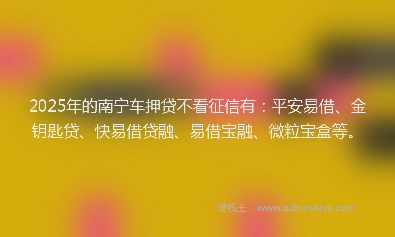 2025年的南宁车押贷不看征信有：平安易借、金钥匙贷、快易借贷融、易借宝融、微粒宝盒等。