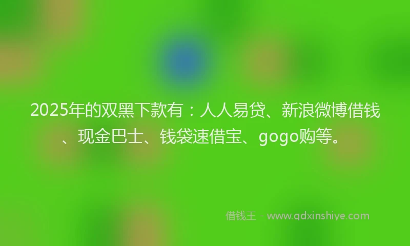 2025年的双黑下款有：人人易贷、新浪微博借钱、现金巴士、钱袋速借宝、gogo购等。