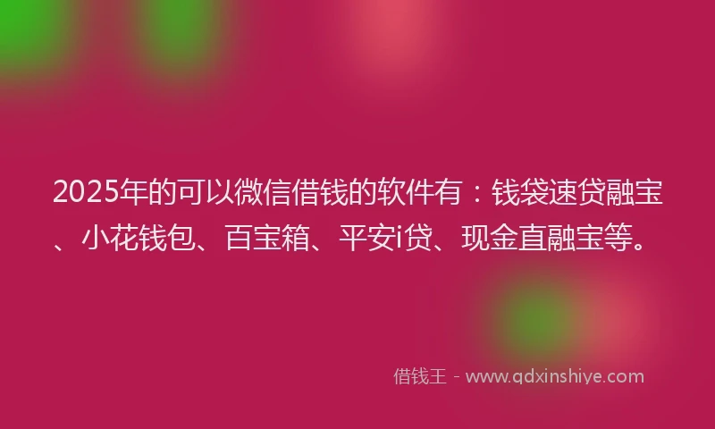 2025年的可以微信借钱的软件有：钱袋速贷融宝、小花钱包、百宝箱、平安i贷、现金直融宝等。