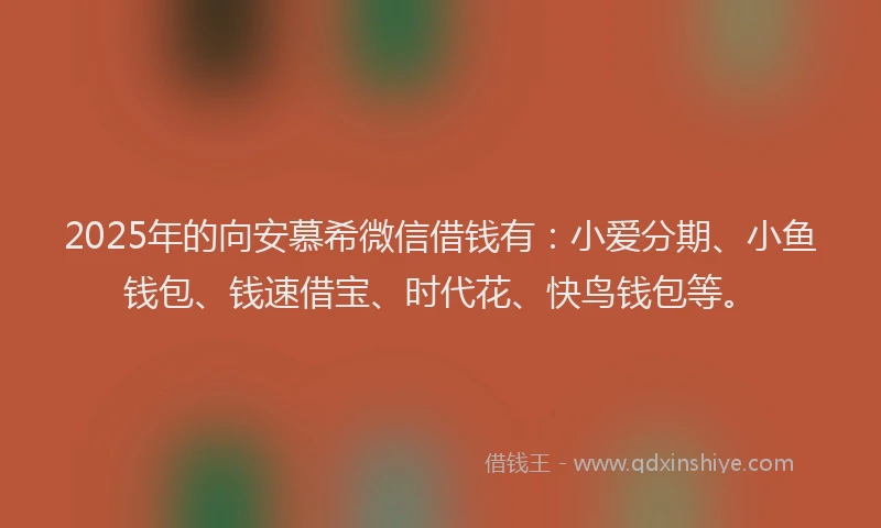 2025年的向安慕希微信借钱有：小爱分期、小鱼钱包、钱速借宝、时代花、快鸟钱包等。