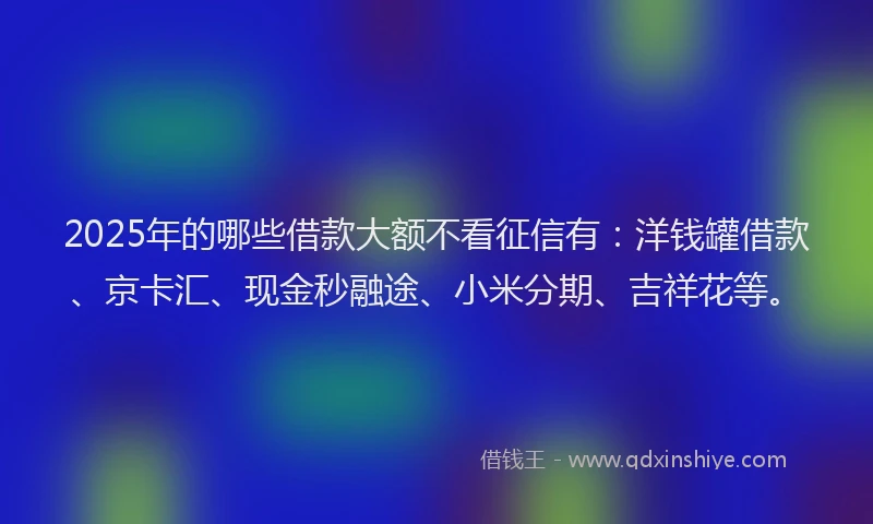 2025年的哪些借款大额不看征信有：洋钱罐借款、京卡汇、现金秒融途、小米分期、吉祥花等。