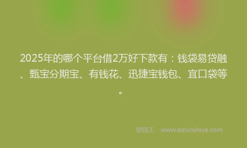 2025年的哪个平台借2万好下款有：钱袋易贷融、甄宝分期宝、有钱花、迅捷宝钱包、宜口袋等。
