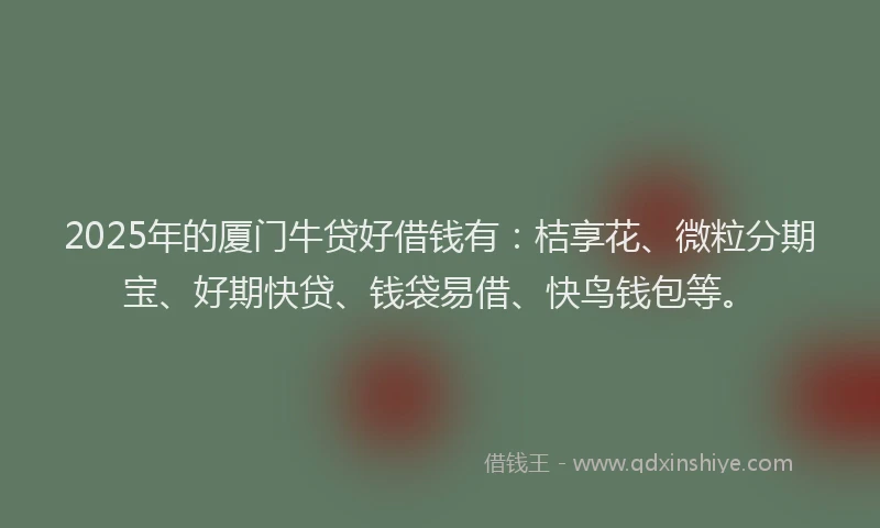 2025年的厦门牛贷好借钱有：桔享花、微粒分期宝、好期快贷、钱袋易借、快鸟钱包等。