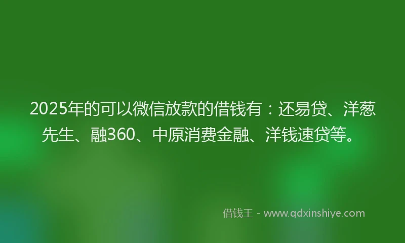 2025年的可以微信放款的借钱有：还易贷、洋葱先生、融360、中原消费金融、洋钱速贷等。