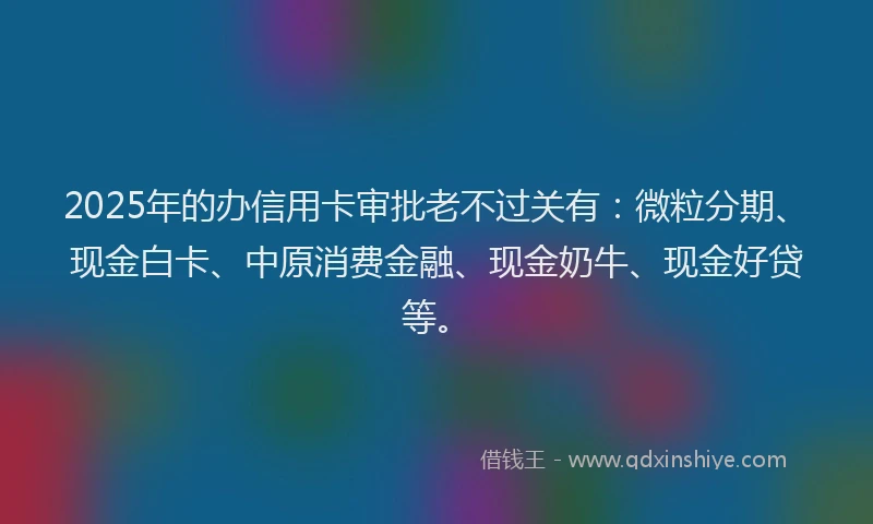 2025年的办信用卡审批老不过关有：微粒分期、现金白卡、中原消费金融、现金奶牛、现金好贷等。