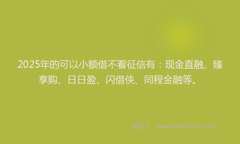 2025年的可以小额借不看征信有：现金直融、臻享购、日日盈、闪借侠、同程金融等。